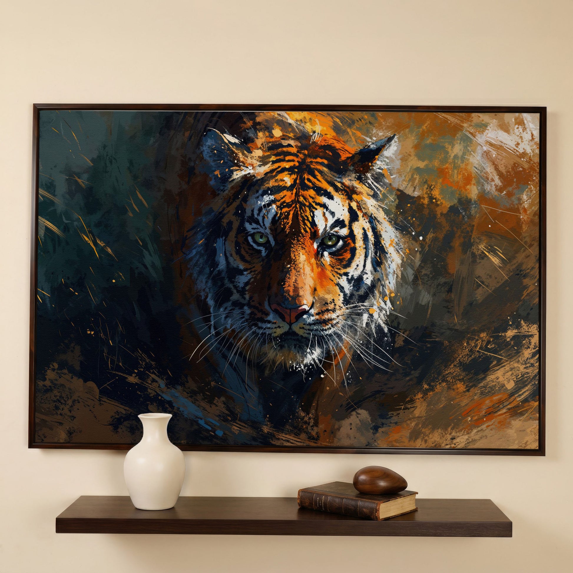 Majestic Tiger Portrait Canvas Print in dark walnut floating frame