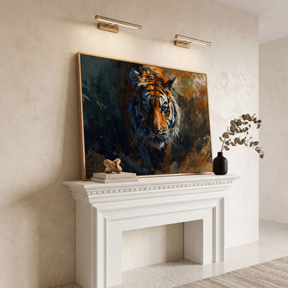 Majestic Tiger Portrait Canvas Print in white oak floating frame