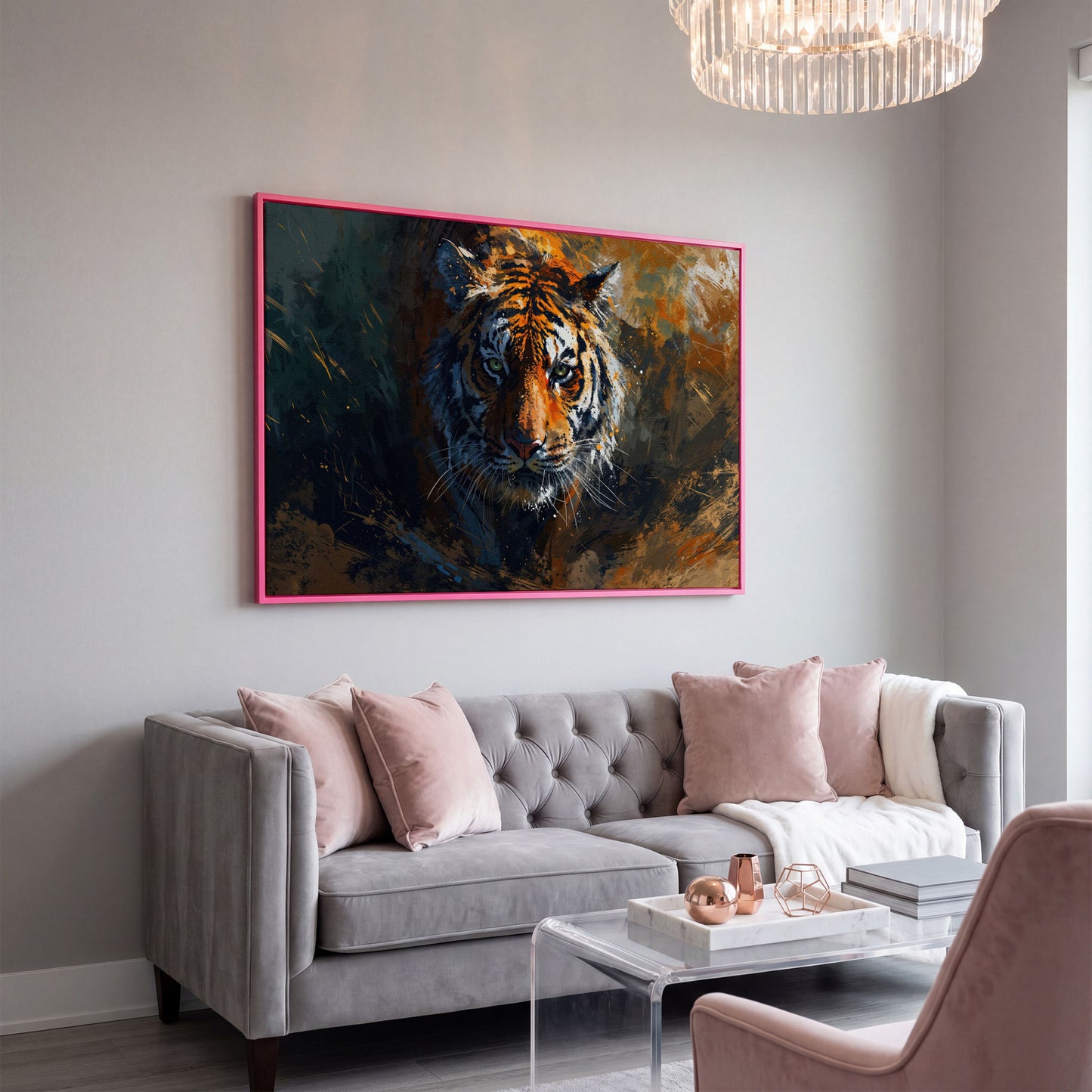 Majestic Tiger Portrait Canvas Print in pink floating frame