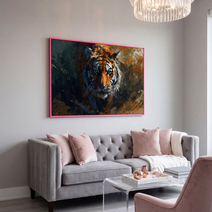 Majestic Tiger Portrait Canvas Print in pink floating frame