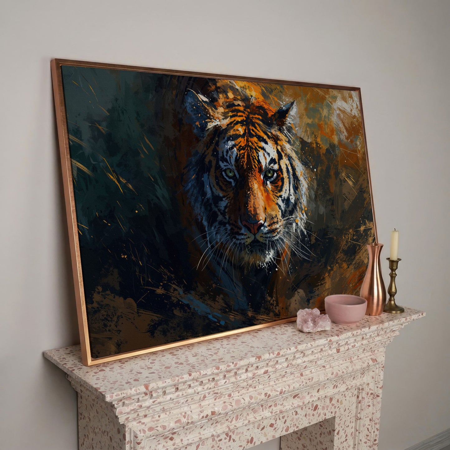 Majestic Tiger Portrait Canvas Print in rose gold floating frame