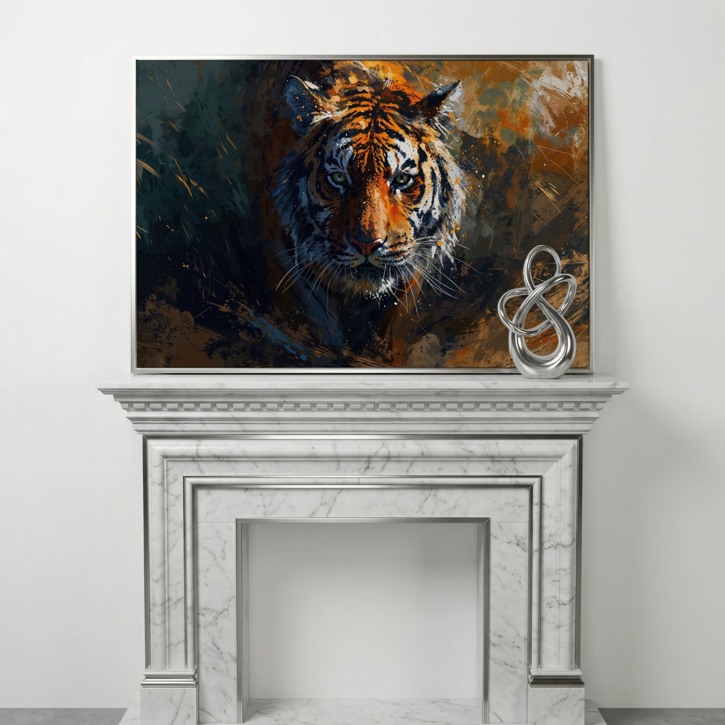 Majestic Tiger Portrait Canvas Print in silver floating frame