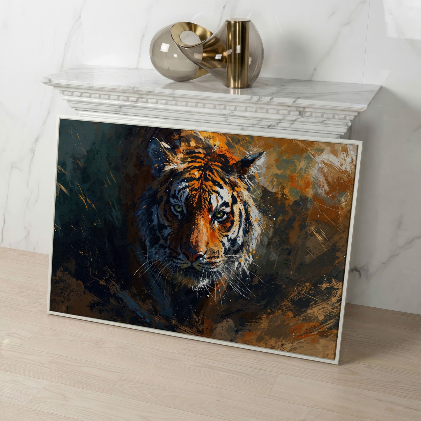 Majestic Tiger Portrait Canvas Print in white floating frame