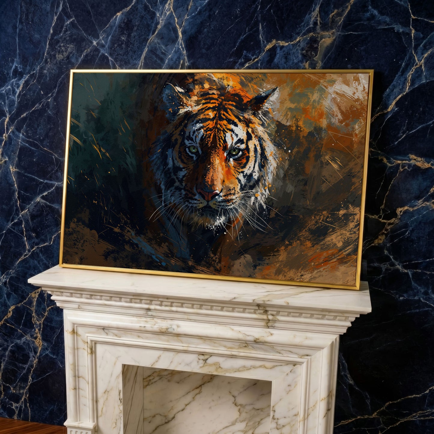 Majestic Tiger Portrait Canvas Print in yellow gold floating frame