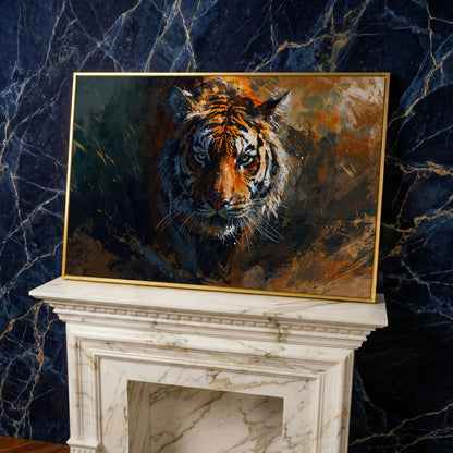 Majestic Tiger Portrait Canvas Print in yellow gold floating frame