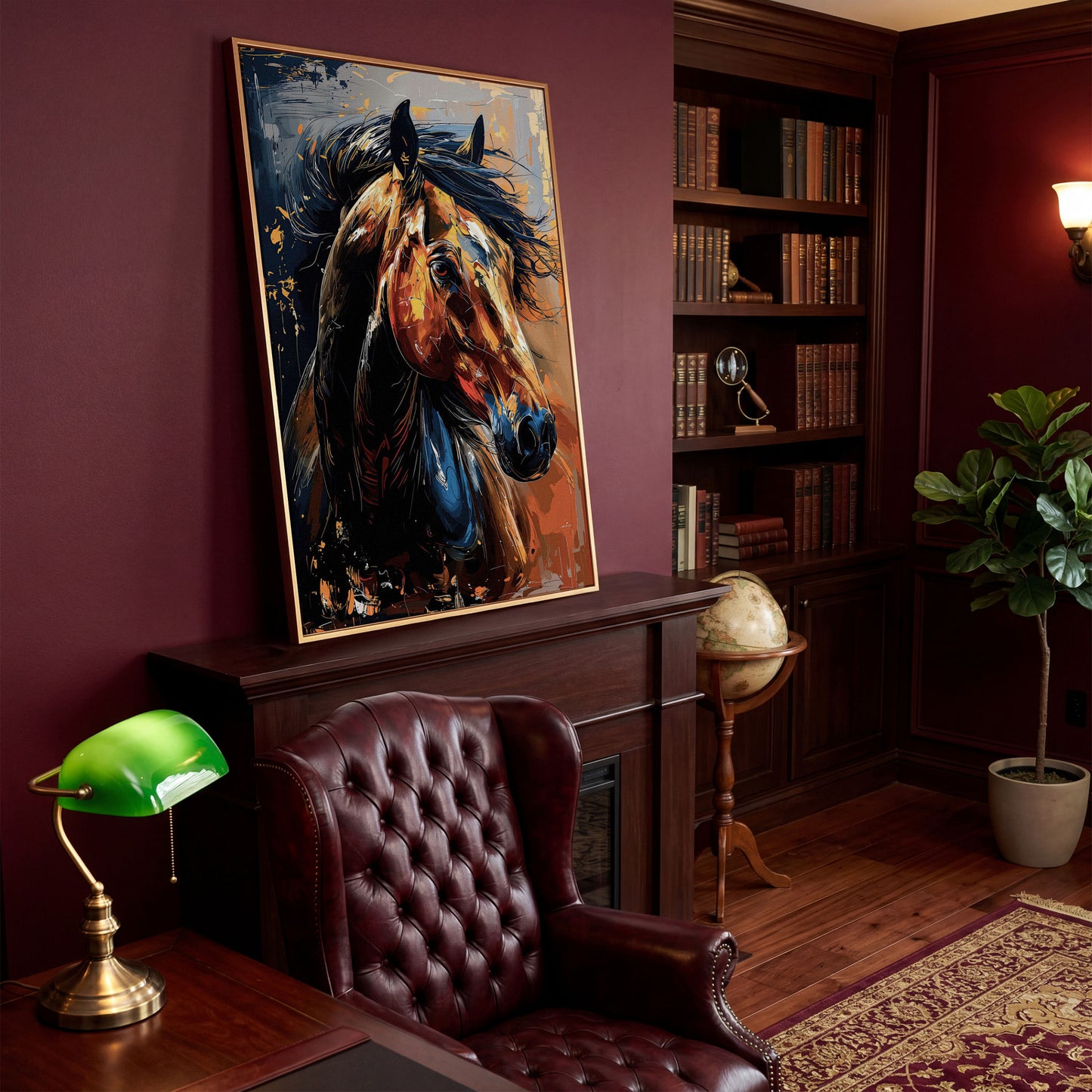 Abstract Horse Portrait in Burnt Orange and Navy canvas in antique gold floating frame