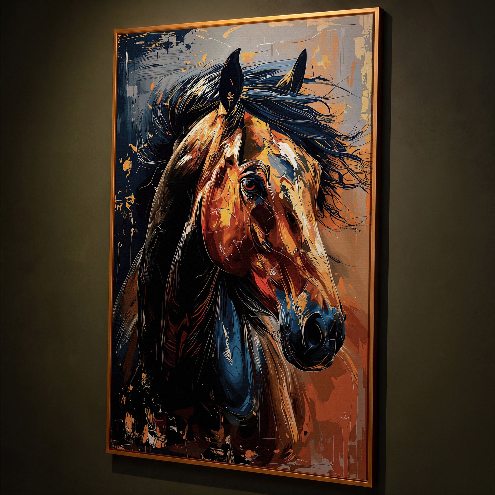 Abstract Horse Portrait in Burnt Orange and Navy canvas shown in antique gold floating frame