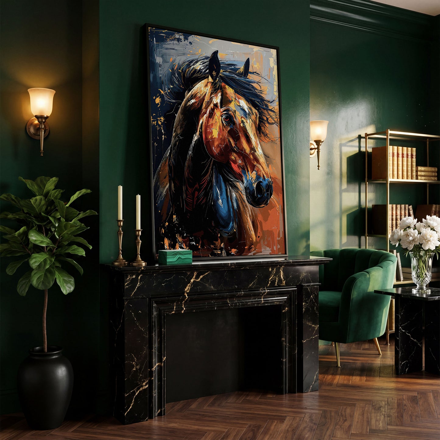 Abstract Horse Portrait in Burnt Orange and Navy canvas in black floating frame