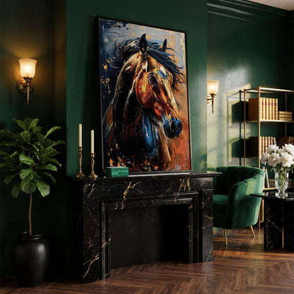 Abstract Horse Portrait in Burnt Orange and Navy canvas in black floating frame
