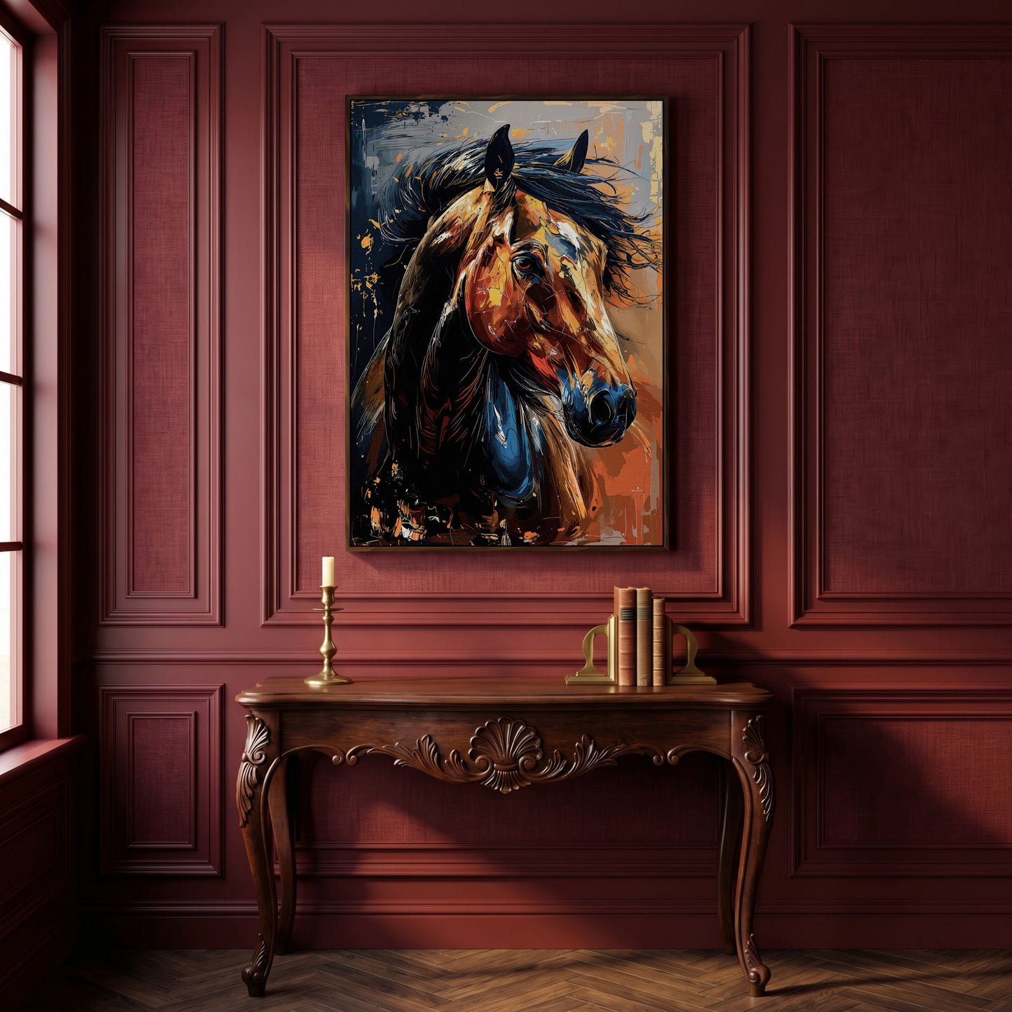 Abstract Horse Portrait in Burnt Orange and Navy canvas in dark walnut floating frame
