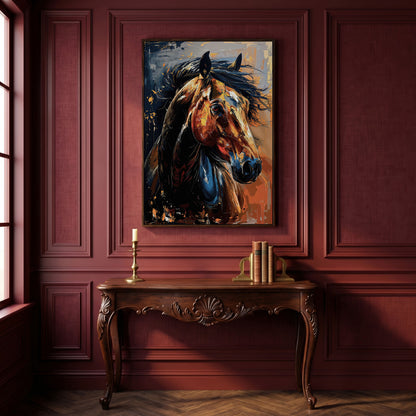 Abstract Horse Portrait in Burnt Orange and Navy canvas in dark walnut floating frame