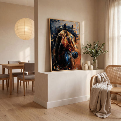 Abstract Horse Portrait in Burnt Orange and Navy canvas in white oak floating frame