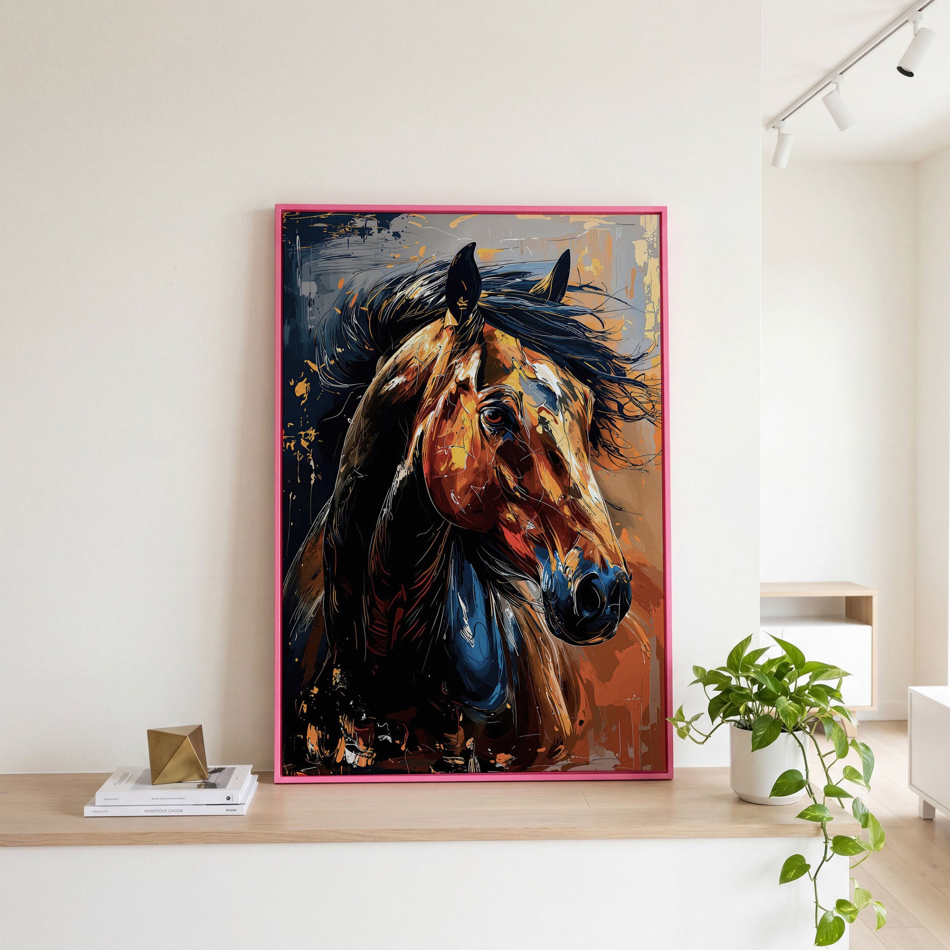 Abstract Horse Portrait in Burnt Orange and Navy canvas in pink floating frame