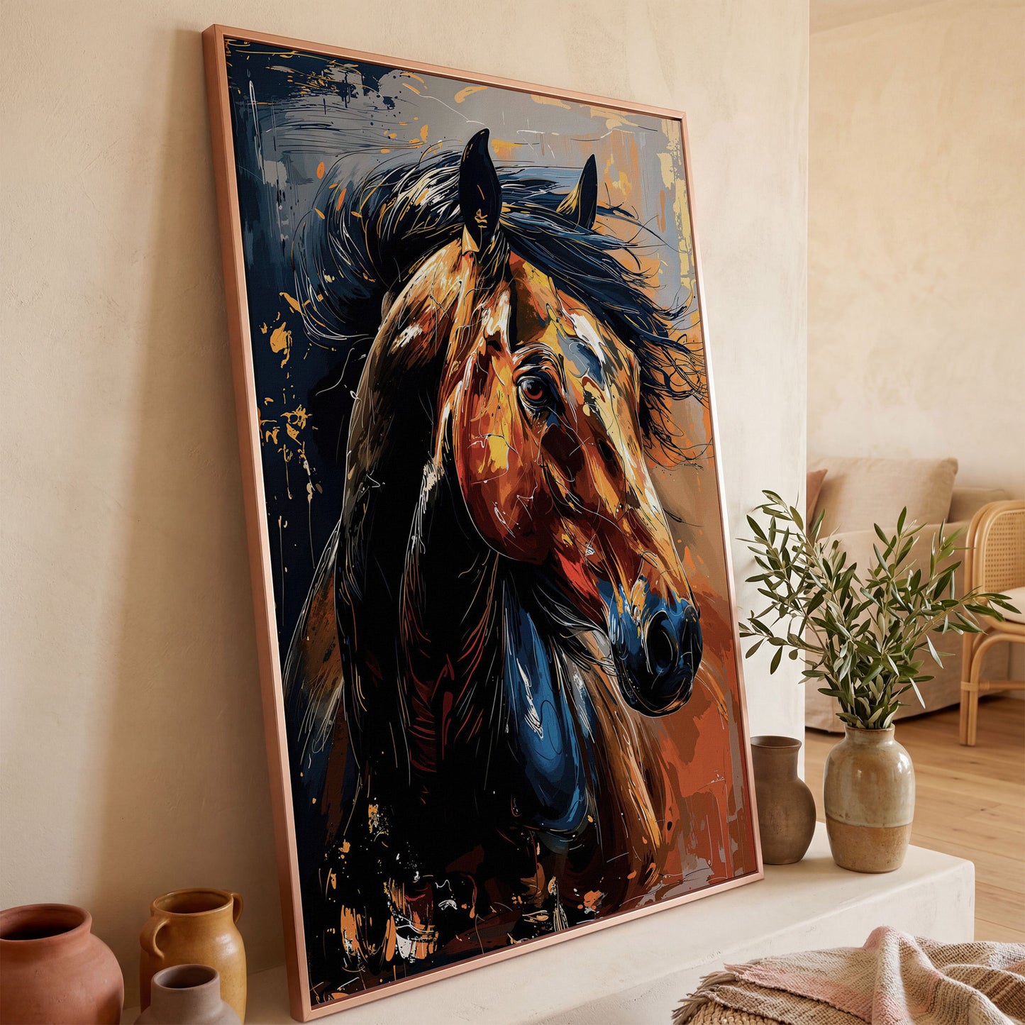 Abstract Horse Portrait in Burnt Orange and Navy canvas in rose gold floating frame