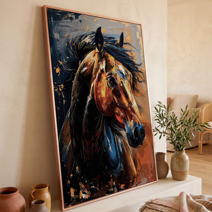 Abstract Horse Portrait in Burnt Orange and Navy canvas in rose gold floating frame