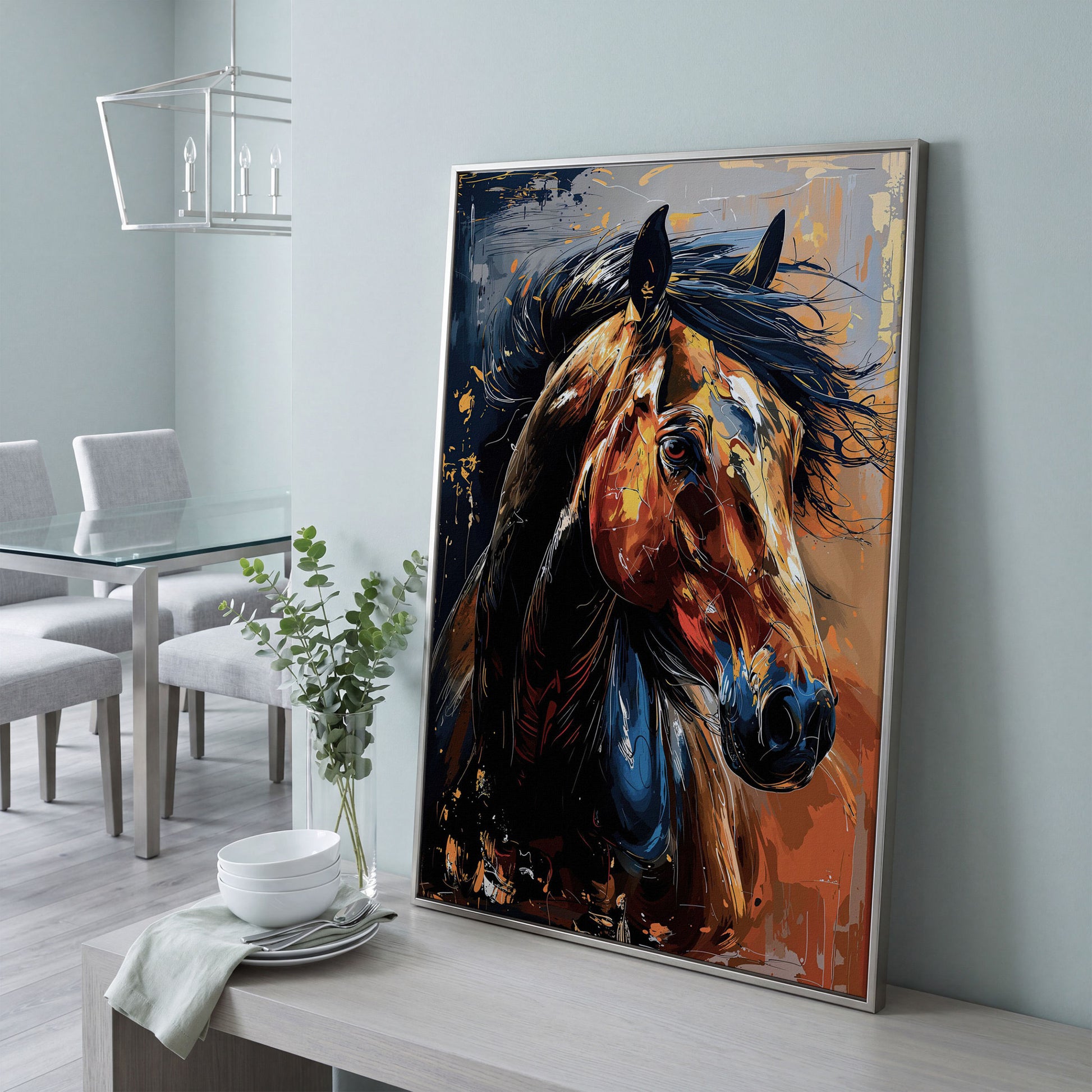 Abstract Horse Portrait in Burnt Orange and Navy canvas in silver floating frame