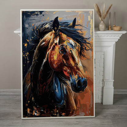 Abstract Horse Portrait in Burnt Orange and Navy canvas in white floating frame