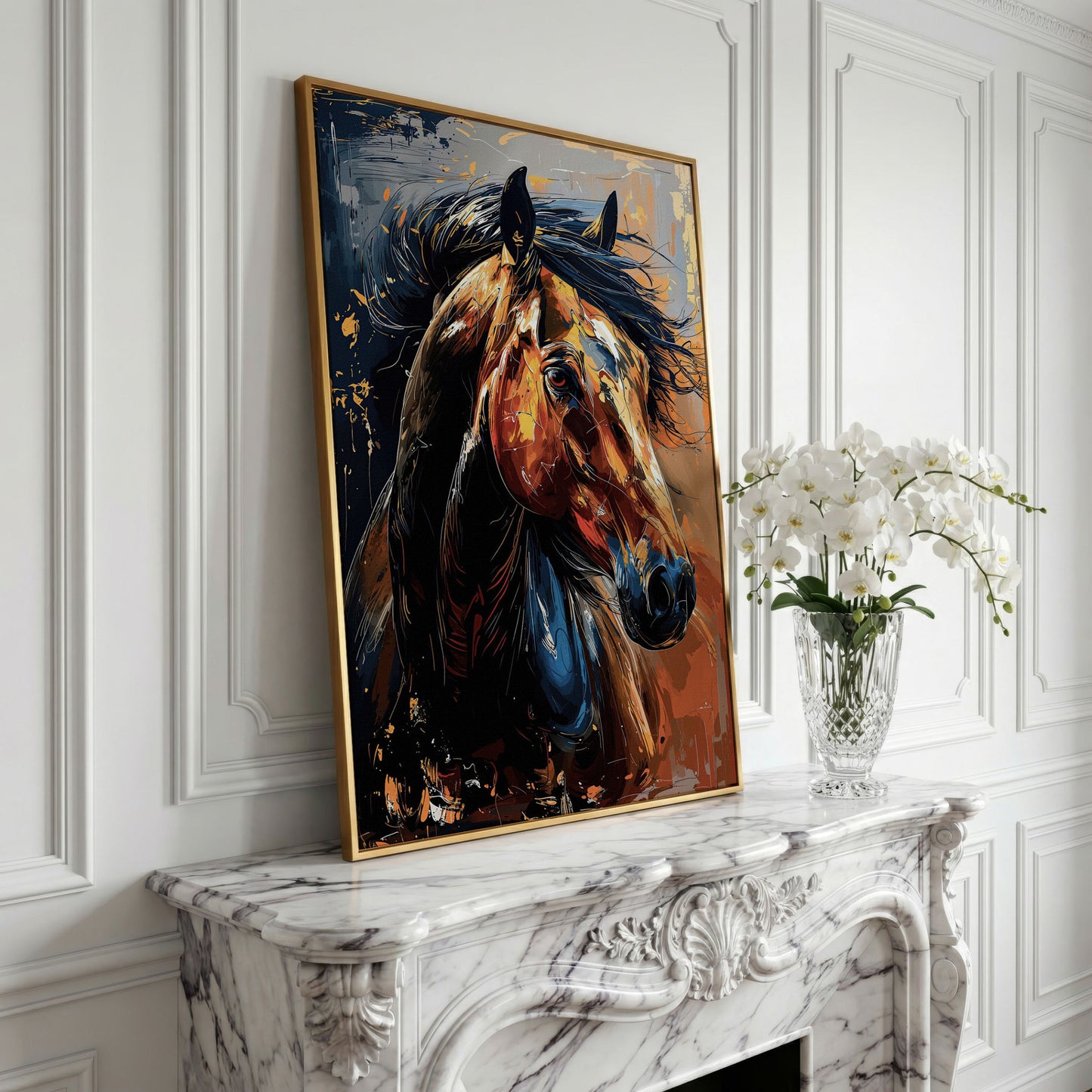 Abstract Horse Portrait in Burnt Orange and Navy canvas in yellow gold floating frame