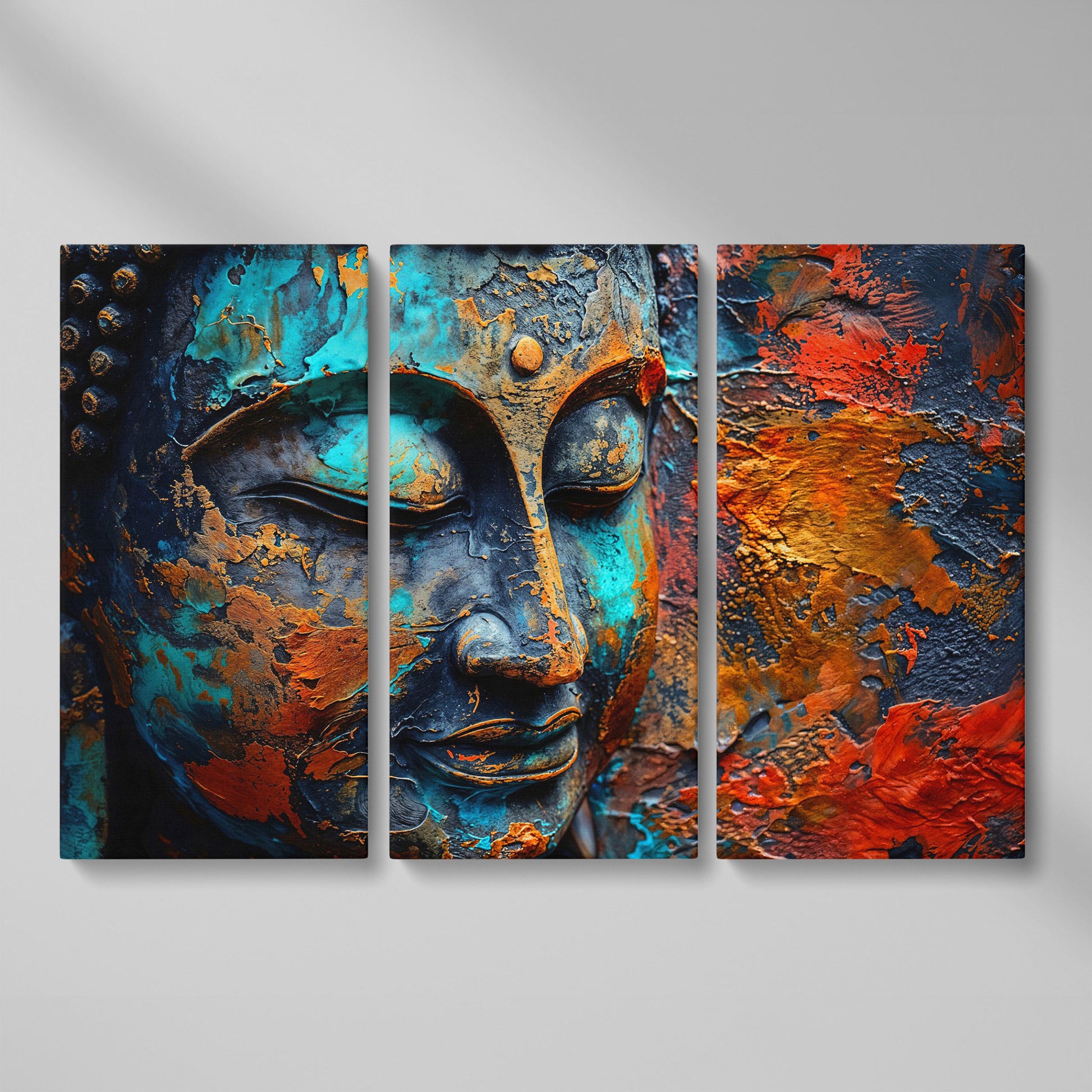 Buddha Head Canvas Print in Teal and Burnt Sienna as 3-panel split version