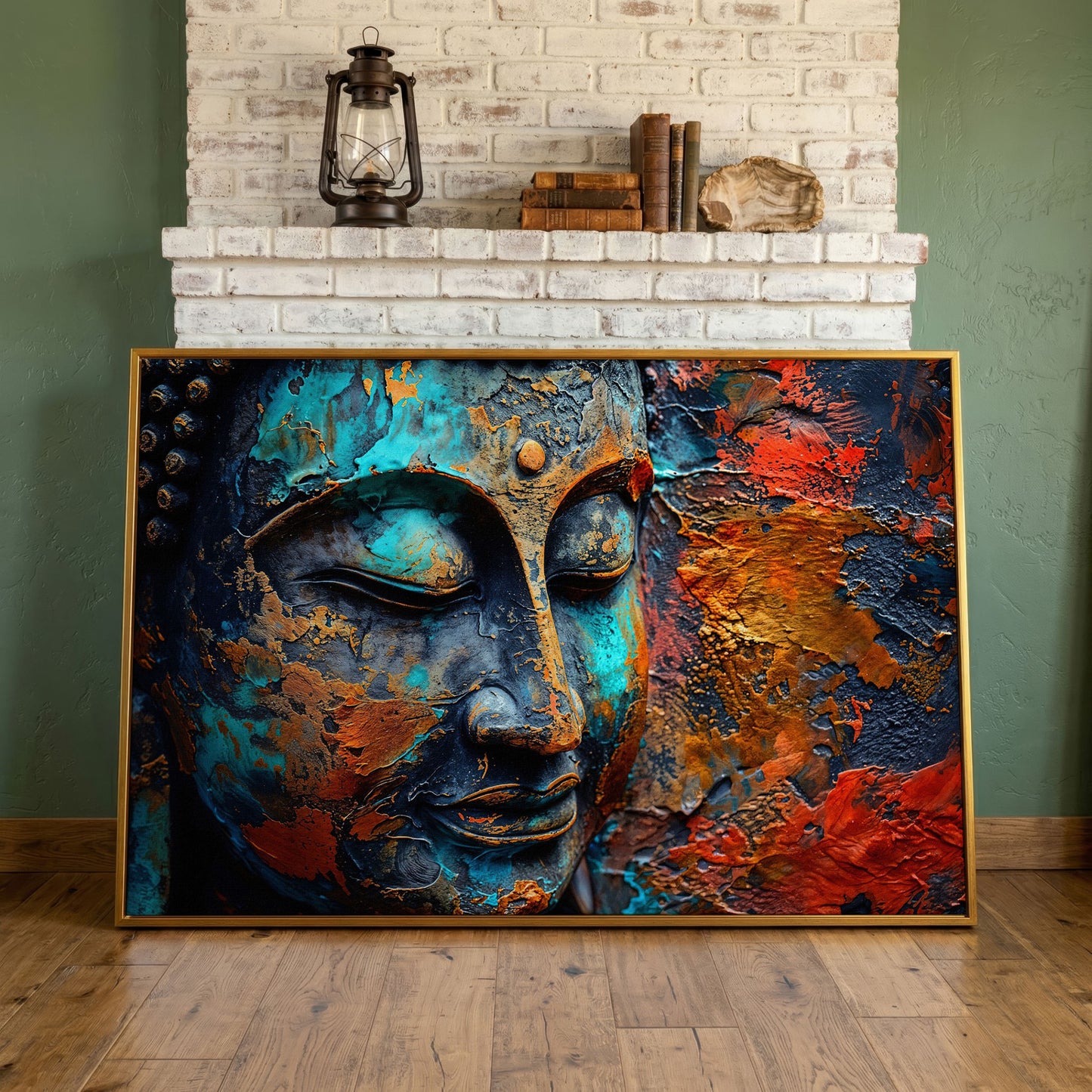 Buddha Head Canvas Print in Teal and Burnt Sienna in antique gold floating frame