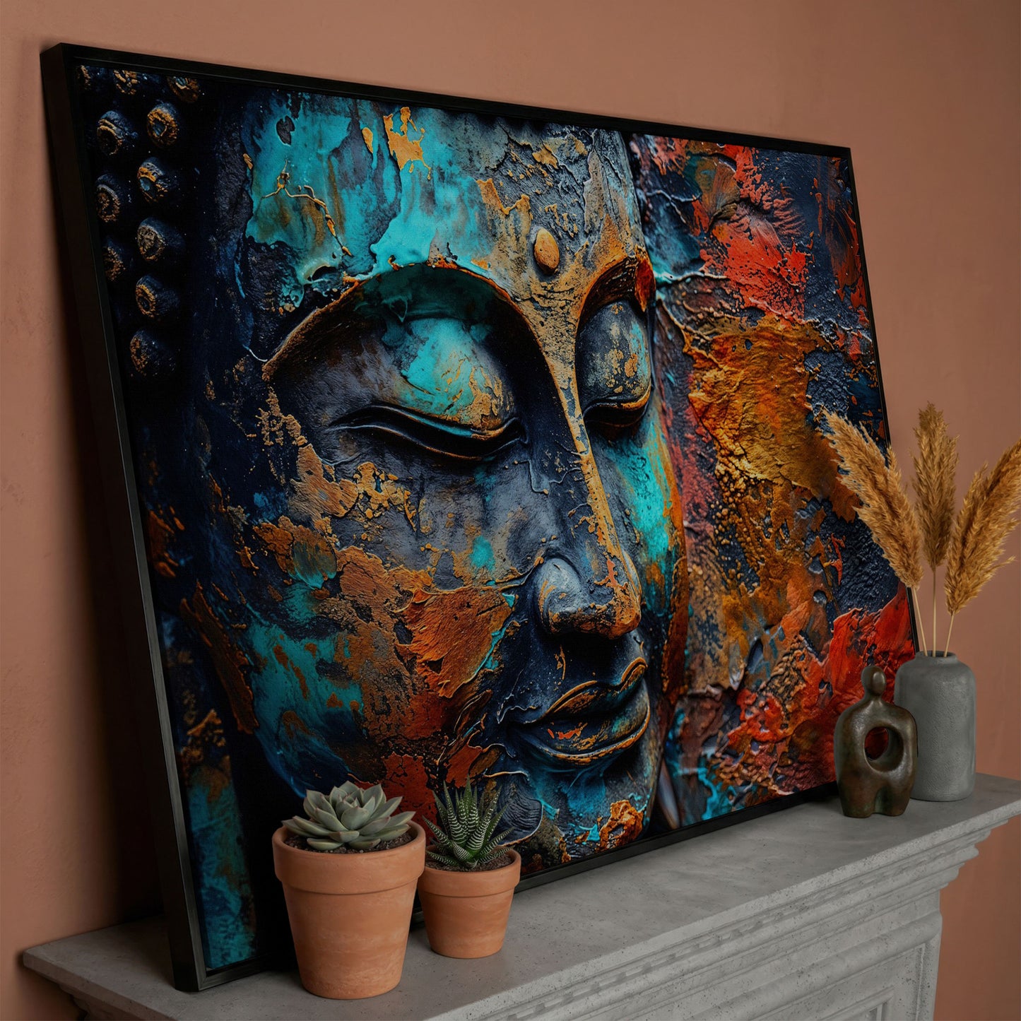 Buddha Head Canvas Print in Teal and Burnt Sienna in black floating frame