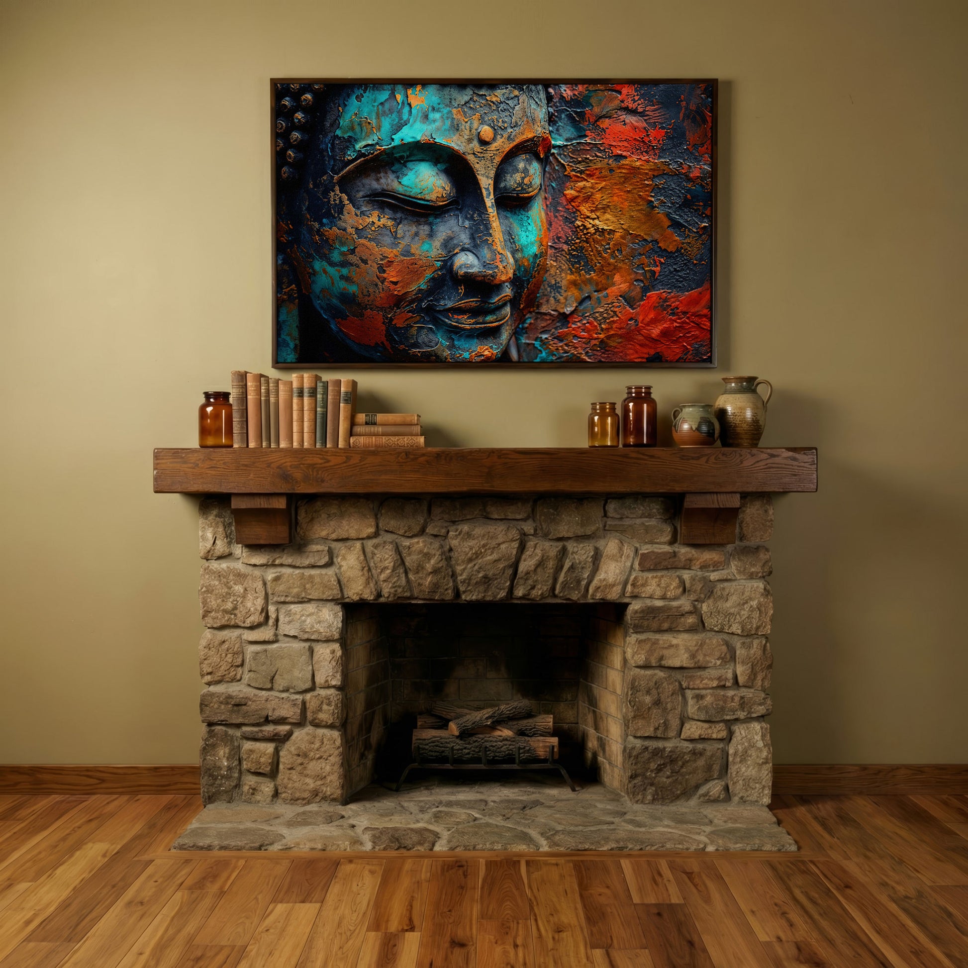 Buddha Head Canvas Print in Teal and Burnt Sienna in dark walnut floating frame