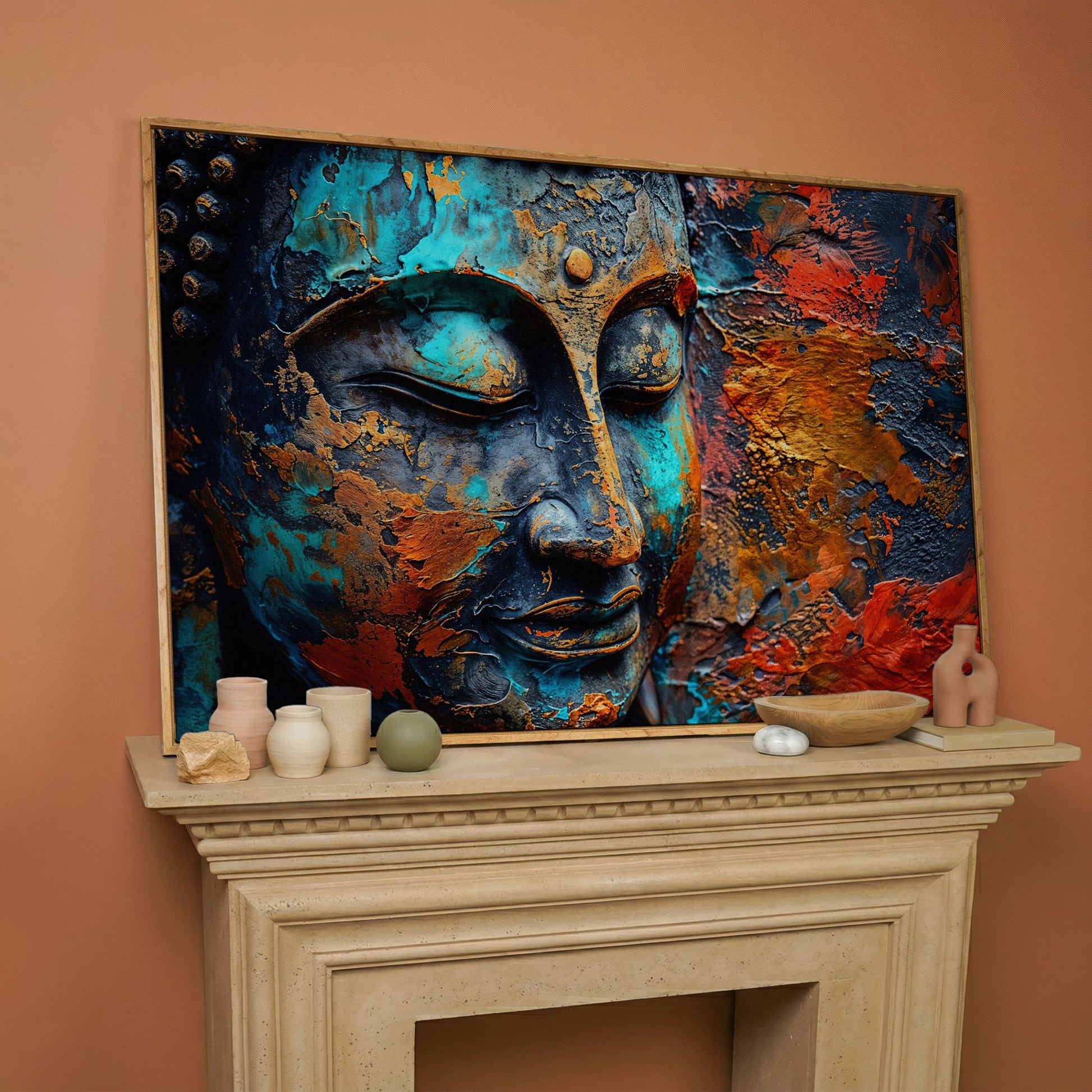 Buddha Head Canvas Print in Teal and Burnt Sienna in white oak floating frame