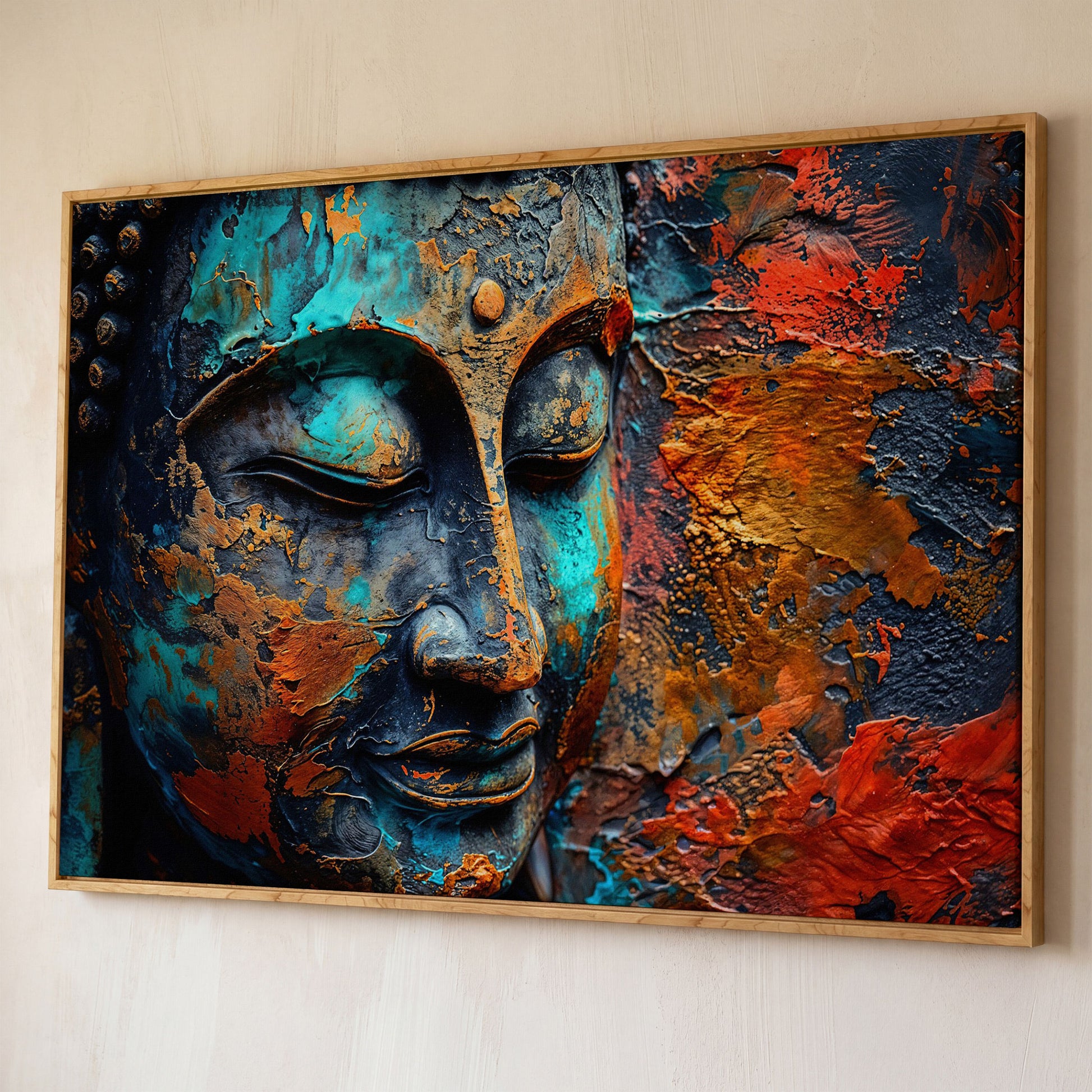 Buddha Head Canvas Print in Teal and Burnt Sienna shown in white oak floating frame