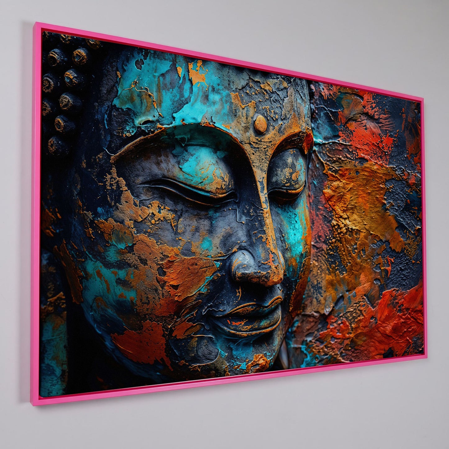 Buddha Head Canvas Print in Teal and Burnt Sienna in pink floating frame