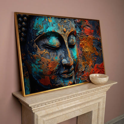 Buddha Head Canvas Print in Teal and Burnt Sienna in rose gold floating frame