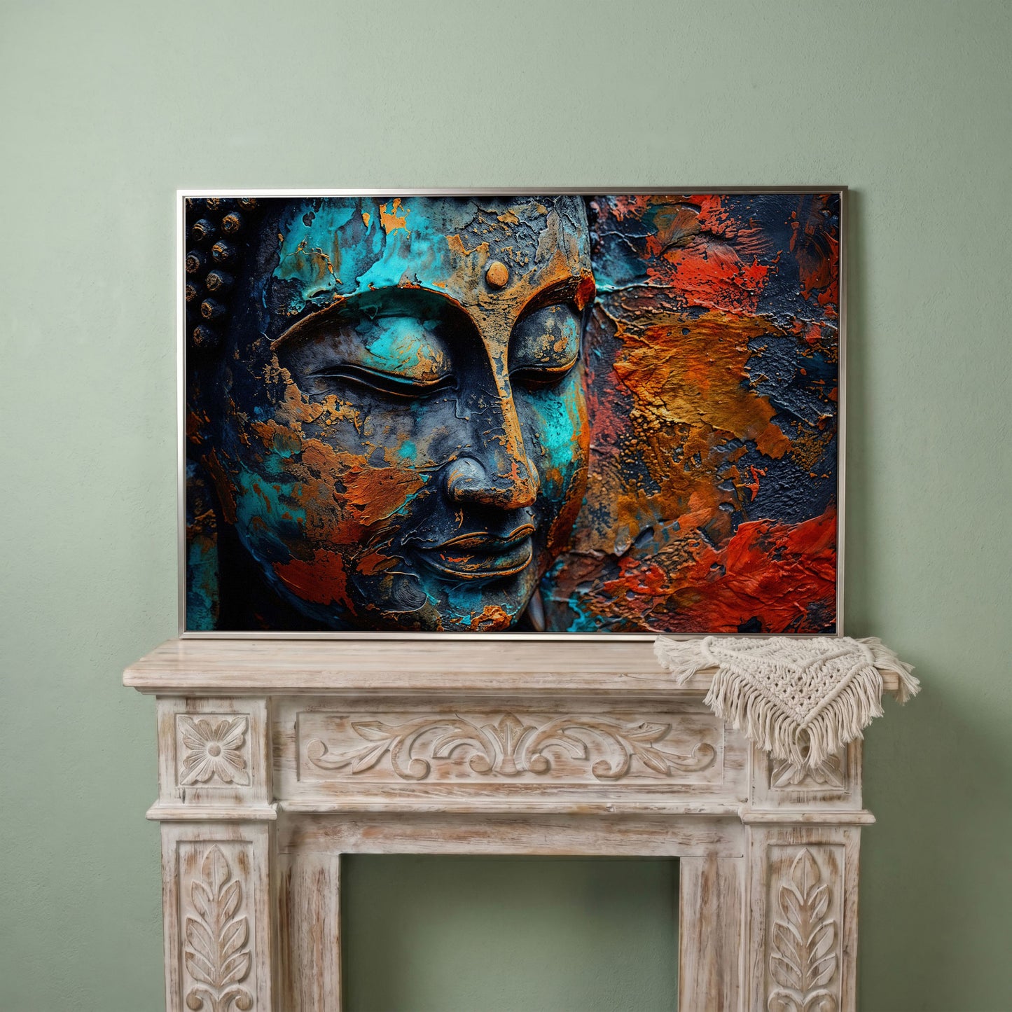 Buddha Head Canvas Print in Teal and Burnt Sienna in silver floating frame