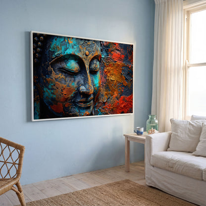 Buddha Head Canvas Print in Teal and Burnt Sienna in white floating frame