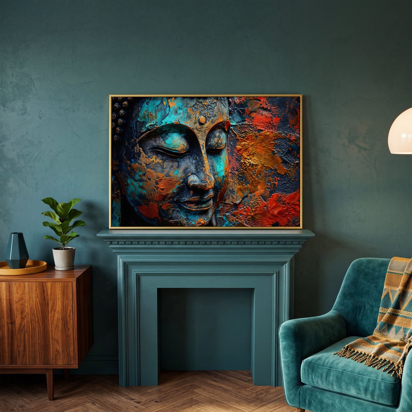 Buddha Head Canvas Print in Teal and Burnt Sienna in yellow gold floating frame