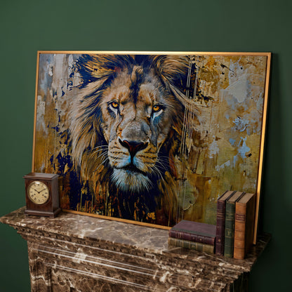 Royal Mane Lion Canvas Print in antique gold floating frame