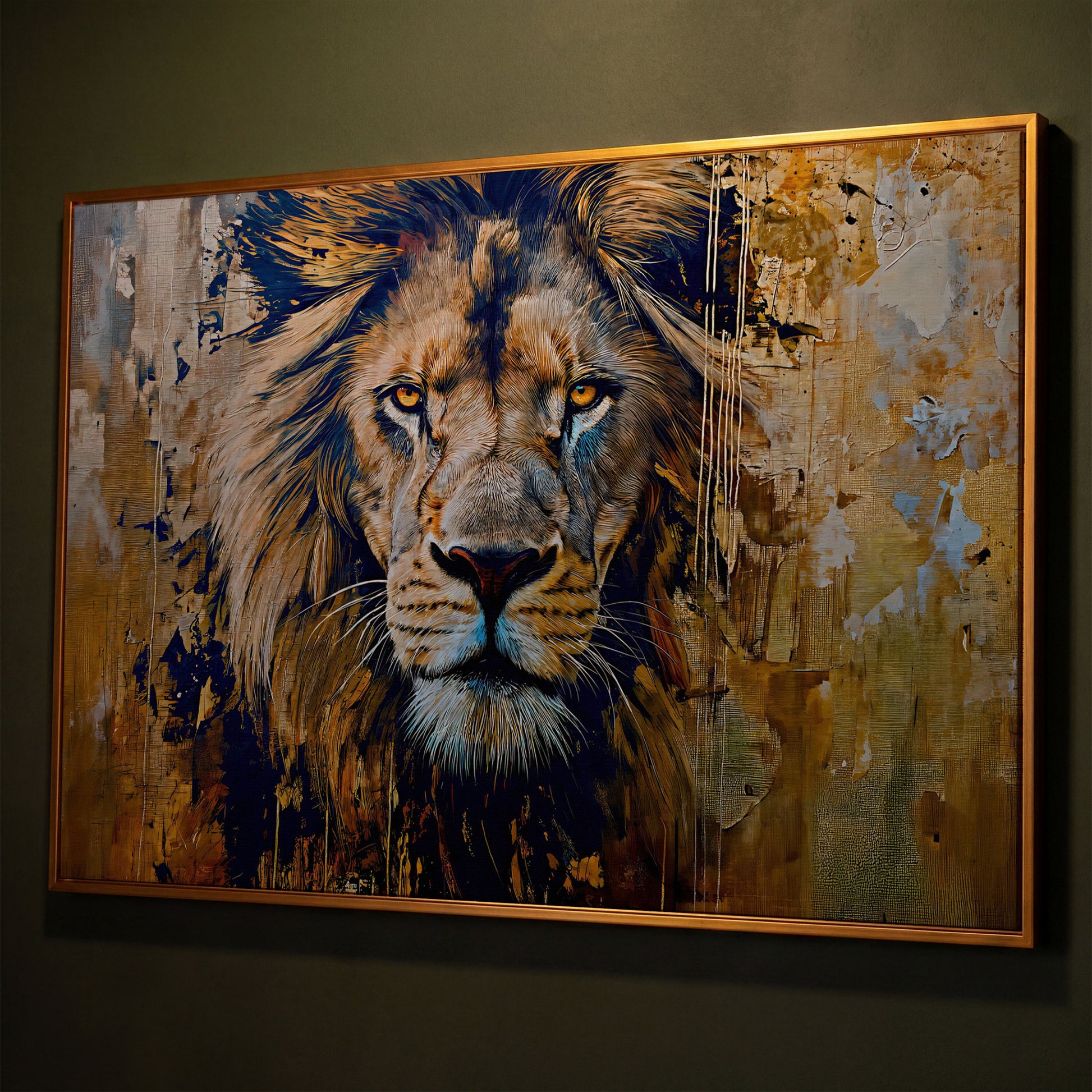 Royal Mane Lion Canvas Print shown in antique gold floating frame