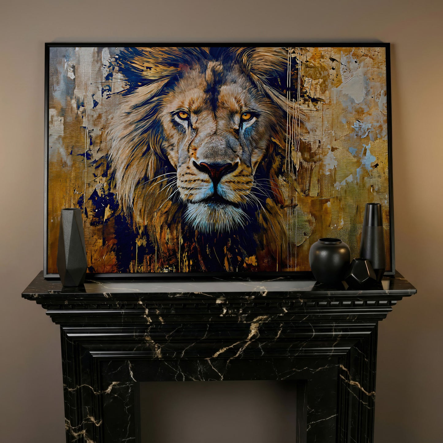 Royal Mane Lion Canvas Print in black floating frame