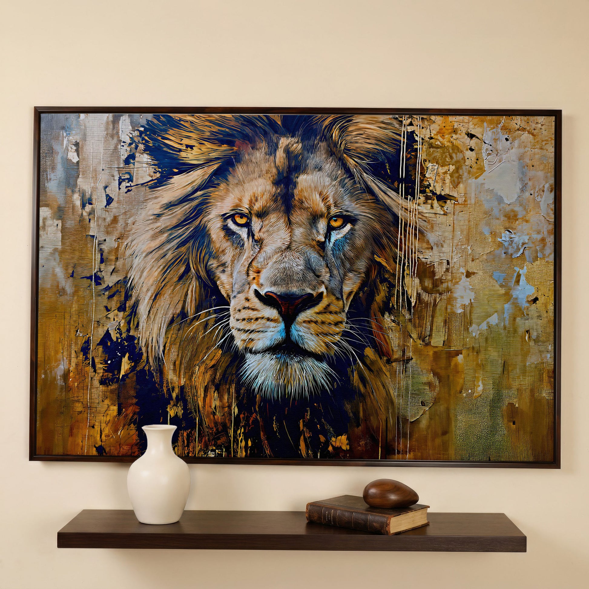 Royal Mane Lion Canvas Print in dark walnut floating frame
