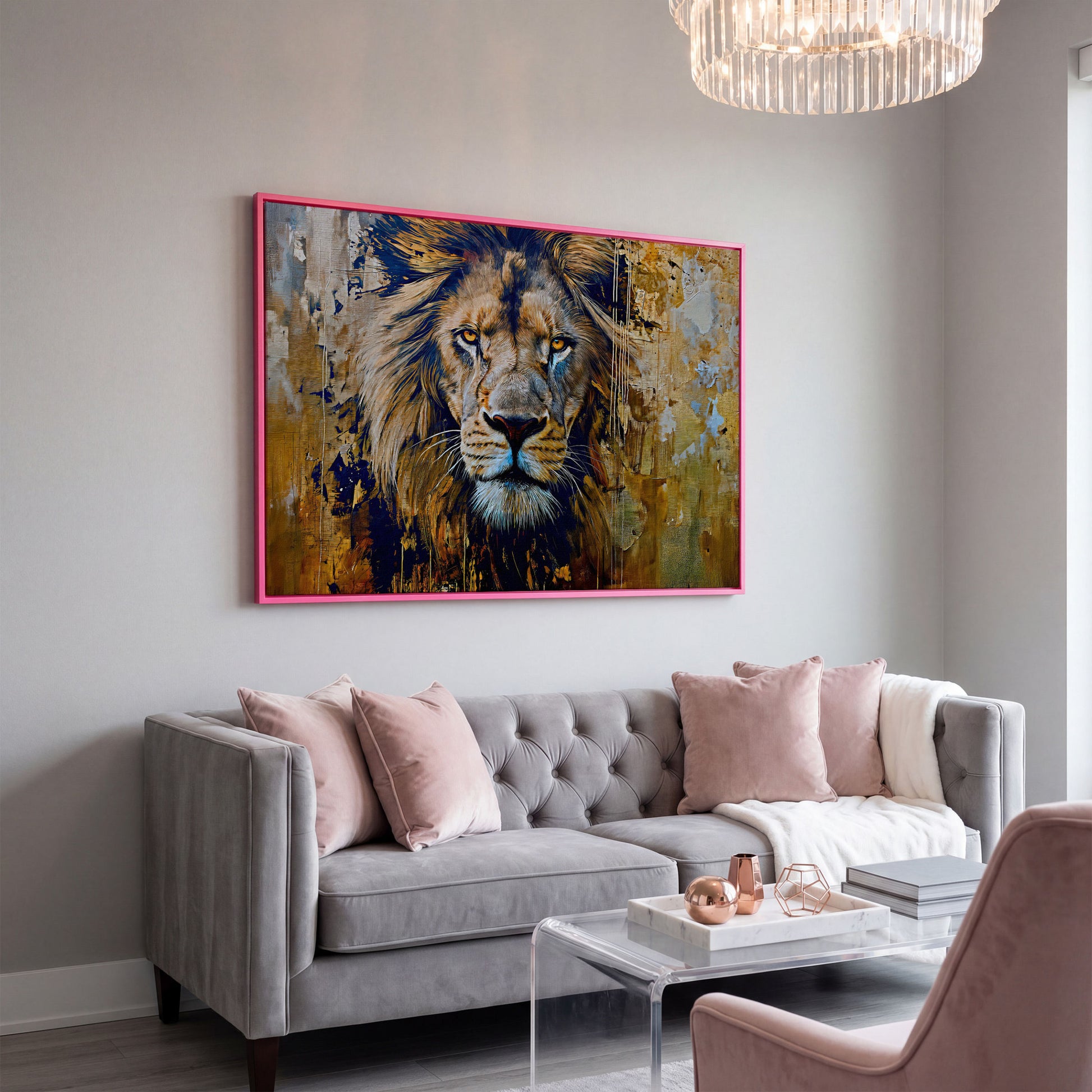 Royal Mane Lion Canvas Print in pink floating frame