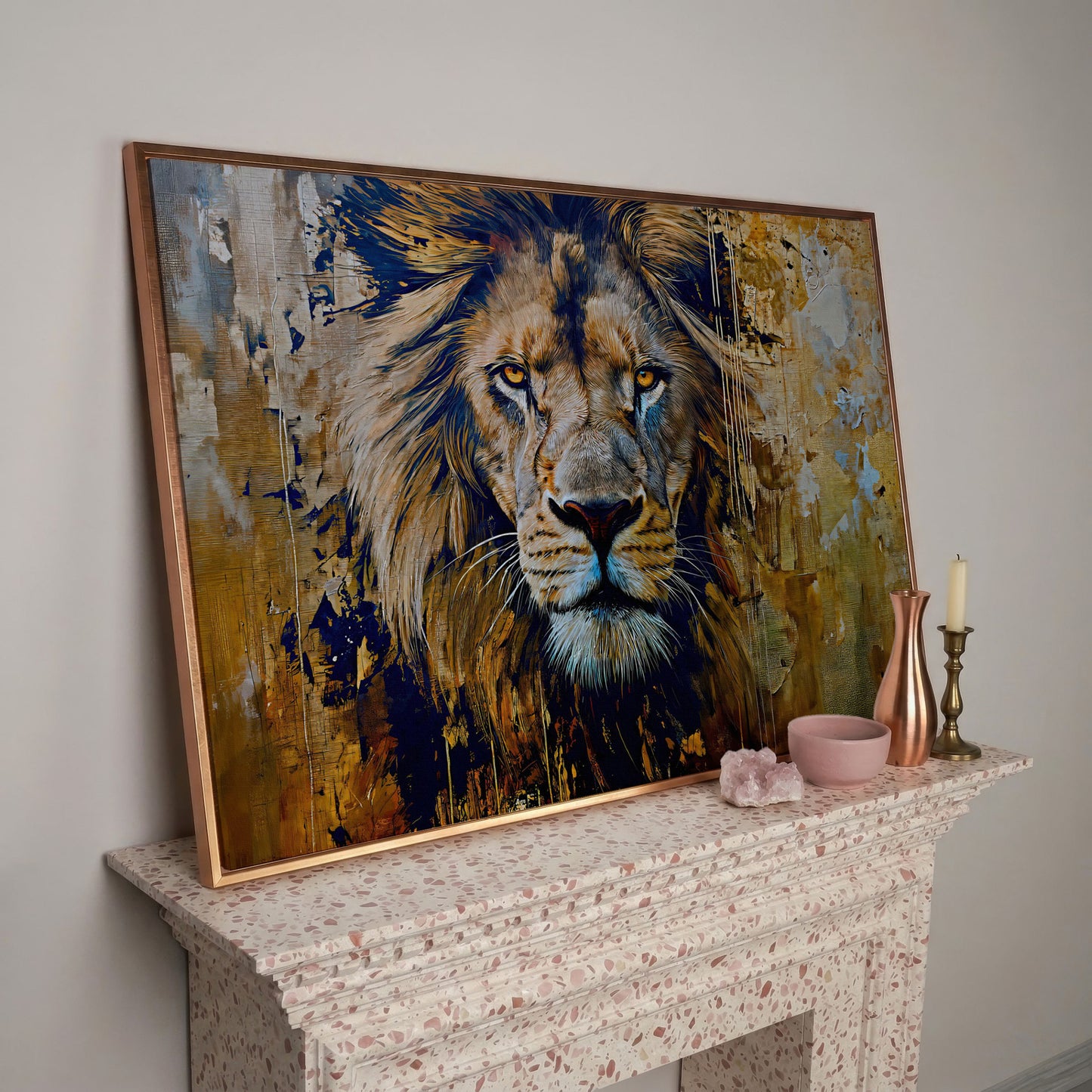 Royal Mane Lion Canvas Print in rose gold floating frame