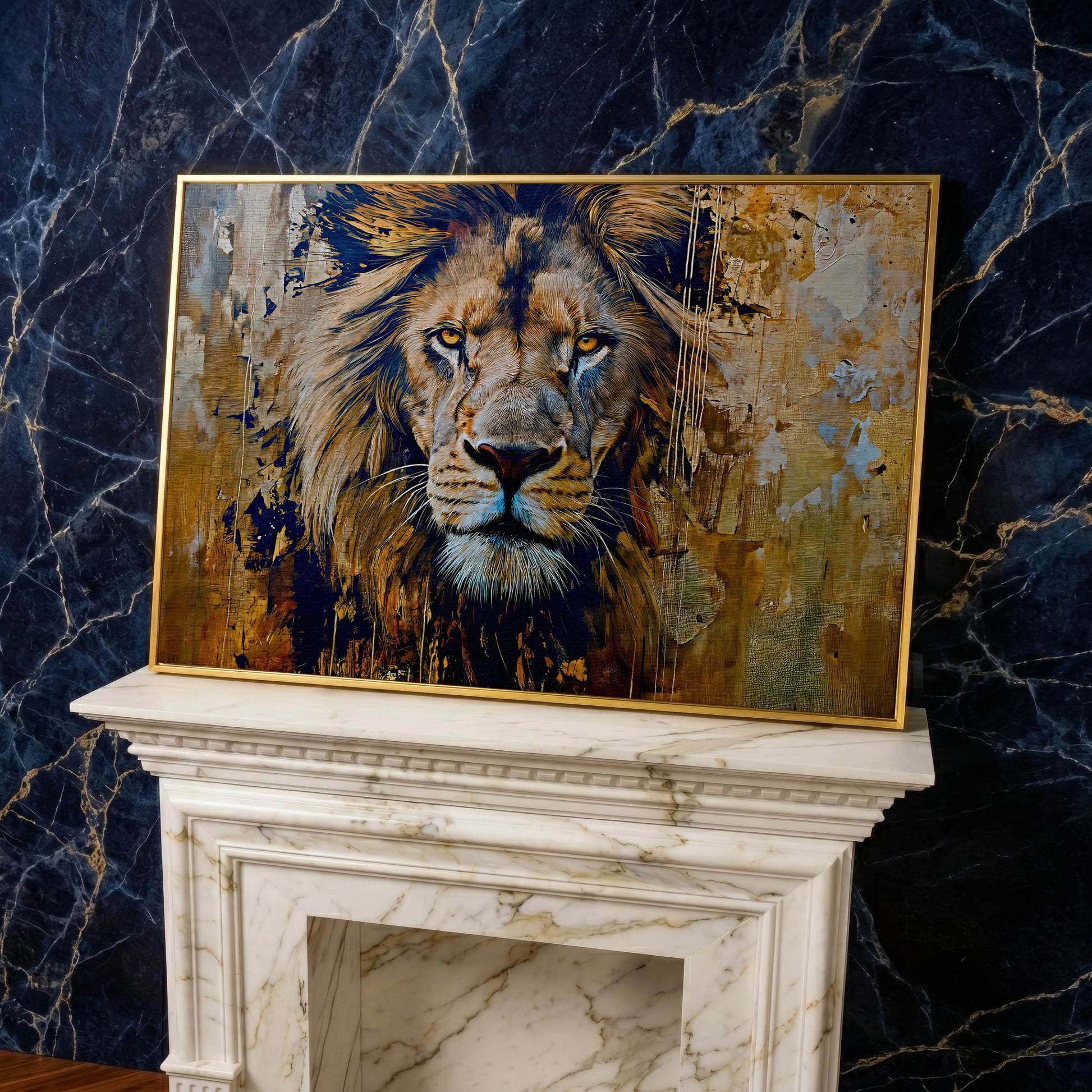 Royal Mane Lion Canvas Print in yellow gold floating frame