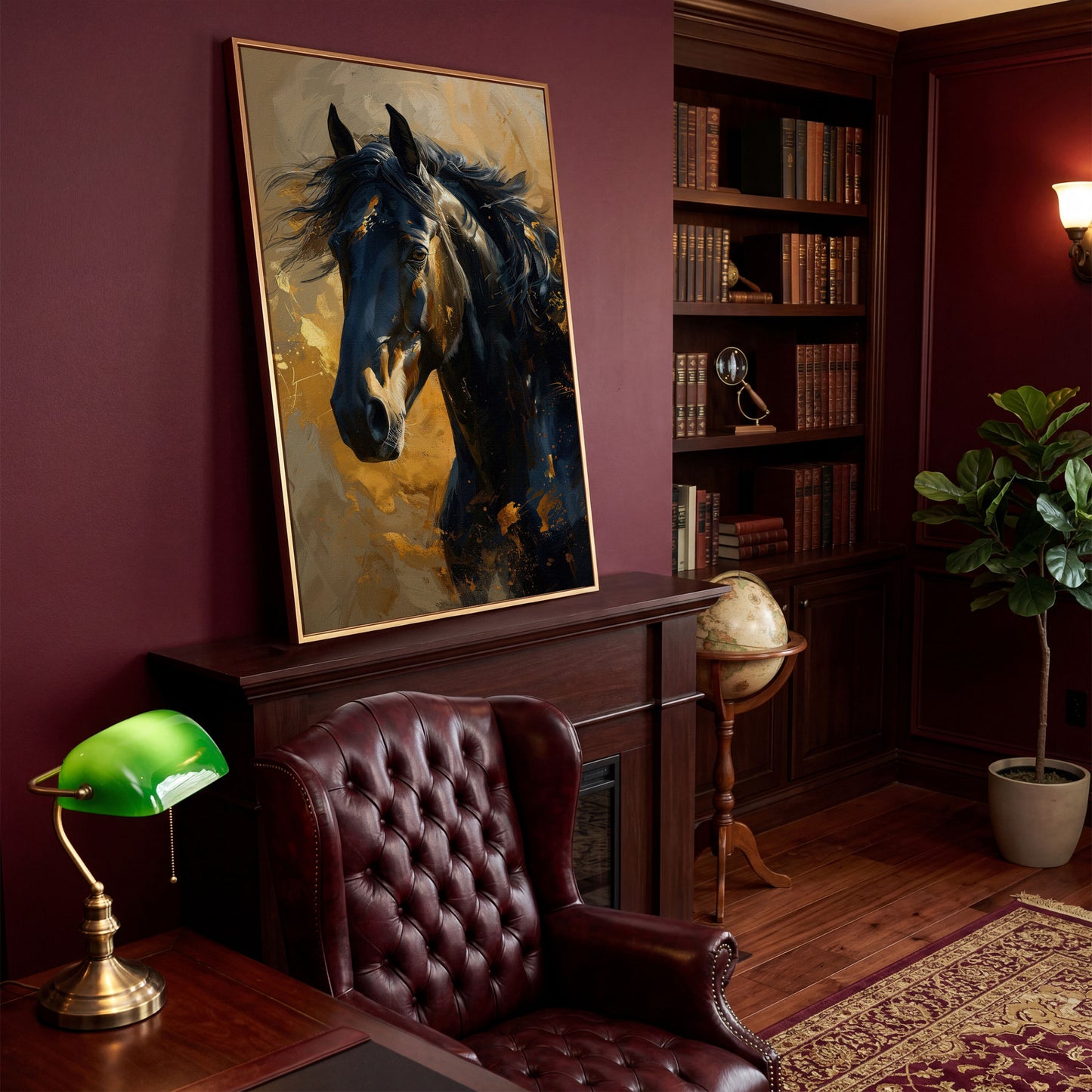Noble Horse Portrait Canvas Print in Charcoal and Gold in antique gold floating frame