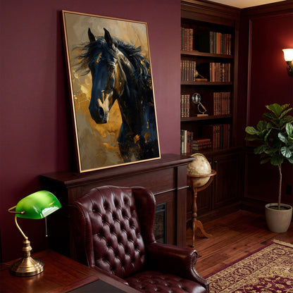 Noble Horse Portrait Canvas Print in Charcoal and Gold in antique gold floating frame