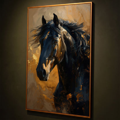Noble Horse Portrait Canvas Print in Charcoal and Gold shown in antique gold floating frame