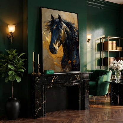 Noble Horse Portrait Canvas Print in Charcoal and Gold in black floating frame