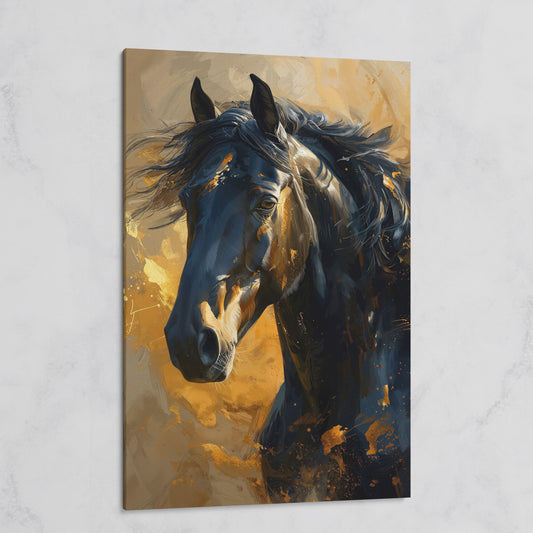 Noble Horse Portrait Canvas Print in Charcoal and Gold on gallery wrap