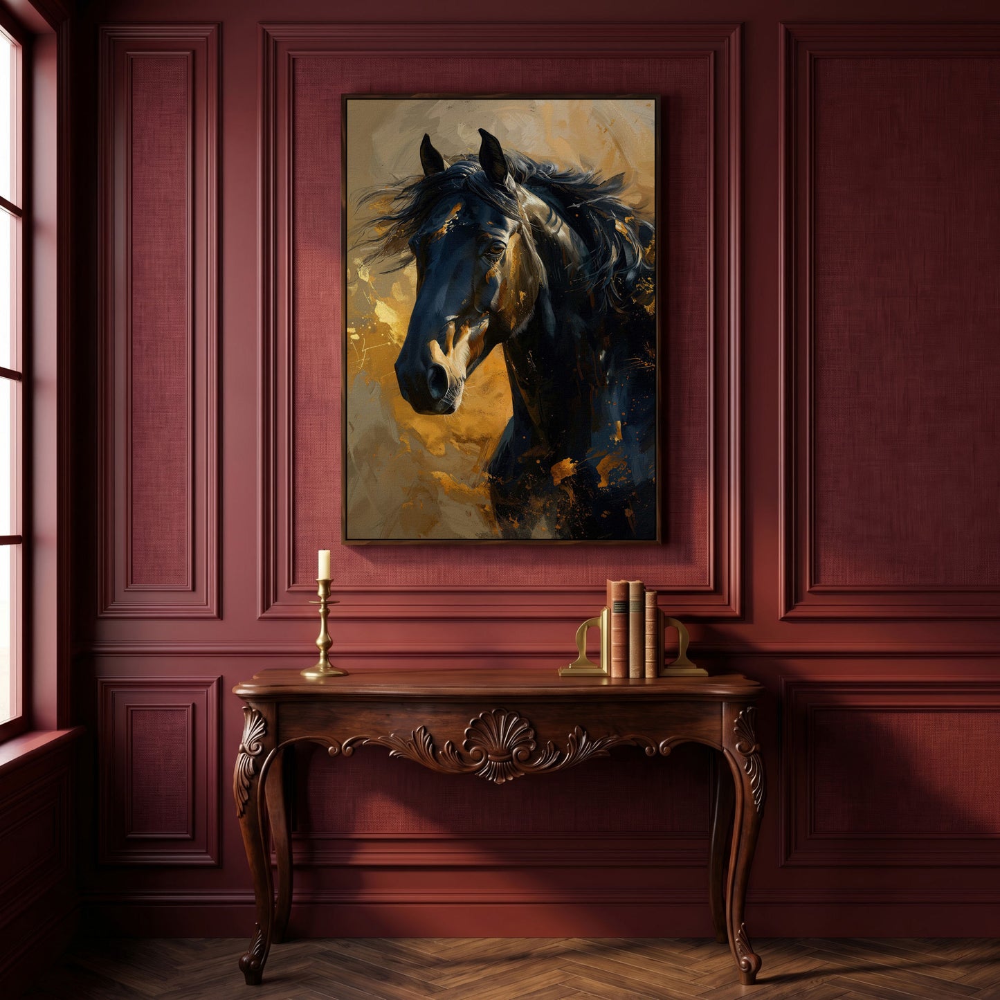 Noble Horse Portrait Canvas Print in Charcoal and Gold in dark walnut floating frame
