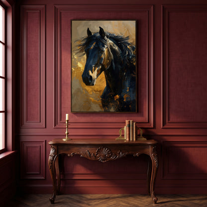 Noble Horse Portrait Canvas Print in Charcoal and Gold in dark walnut floating frame