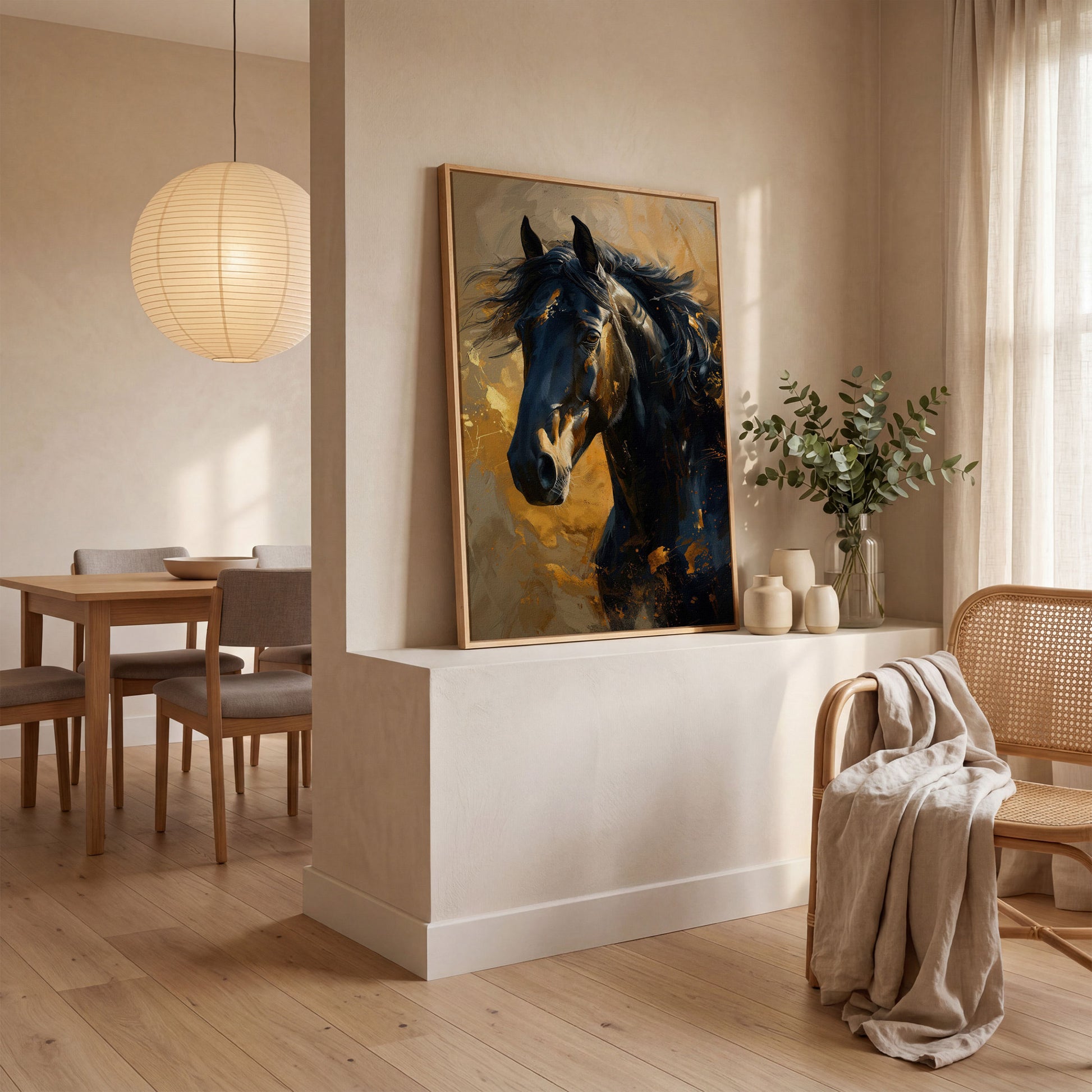 Noble Horse Portrait Canvas Print in Charcoal and Gold in white oak floating frame