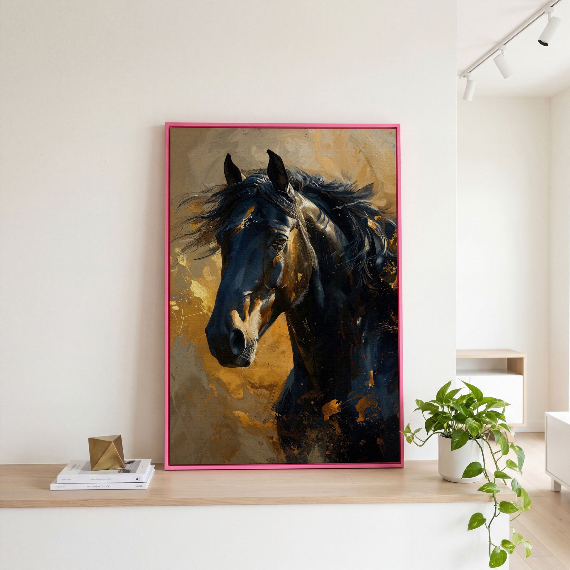Noble Horse Portrait Canvas Print in Charcoal and Gold in pink floating frame