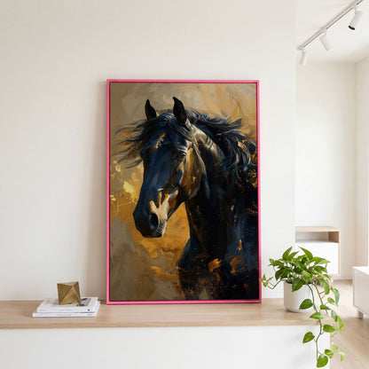 Noble Horse Portrait Canvas Print in Charcoal and Gold in pink floating frame